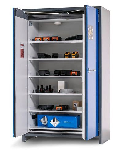 asecos Lithium-Ionen Akku-Lagerschrank, SafeStore-Pro, 6 Fachböden, Breite 1200 mm, 327433