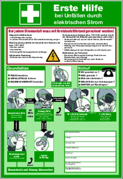 Schilder Klar Aushang Erste Hilfe bei Unfällen durch elektrischen Strom, praxisbewährt, 410x595x1.5 mm Kunststoff, 214/42