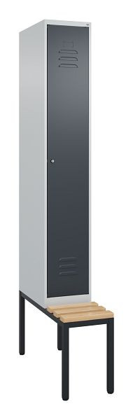 C+P Umkleidespind Classic PLUS, mit untergebauter Sitzbank, 2120x300x815mm, 7035/7016, Zylinderschloss, Buche-Sitzleisten, 0800507-10 S10054