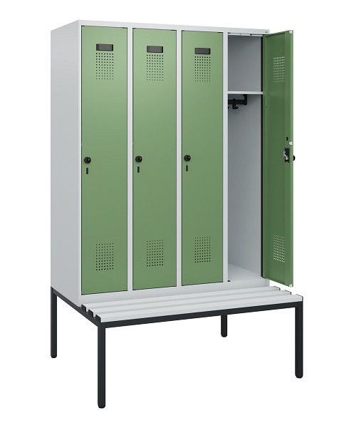 C+P Spind Evolo PLUS, 4 Abteile, 1950x1200x815mm, 7035/6011, Drehriegel, Sitzfläche Kunststoff, Sitzbank, 0490505-40 S10064