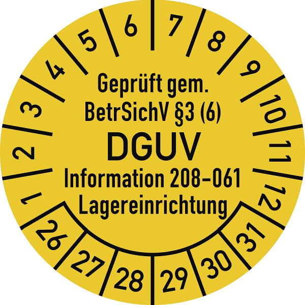 Moedel Prüfplakette BetrSichV §3 DGUV 208-061, 2026-2031, Dokumentenfolie, Ø 30mm, VE: 10 Stück/Bogen, 108016