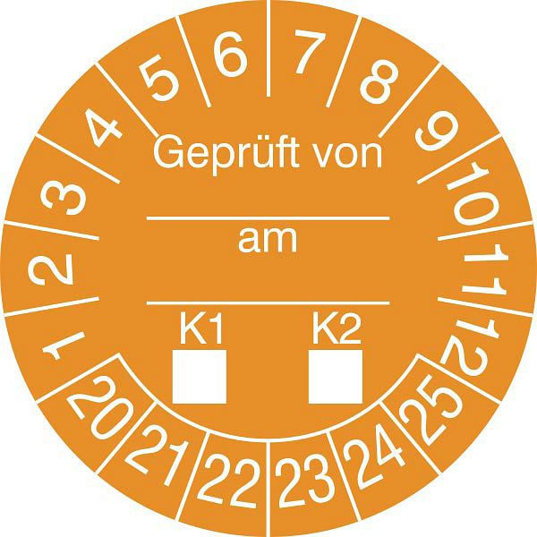SafetyMarking Prüfplakette, Geprüft von...am...K1-K2, Prüfzeitraum: 20-25, Ø 3 cm, Folie, selbstklebend, VE: 15 Stück/Bogen, 30.0808-20-25