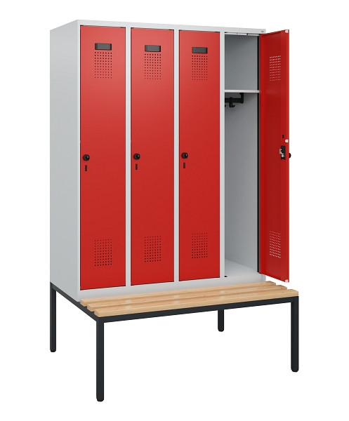 C+P Spind Evolo PLUS, 4 Abteile, 1950x1200x815mm, 7035/3020, Drehriegel, Sitzfläche Buche-Hartholz, Sitzbank, 0490505-40 S10005