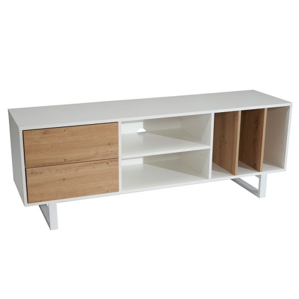 Wohnling Lowboard Weiß mit Eiche-Dekor 150x55x40 cm TV-Kommode Modern, Fernsehtisch mit Schubladen & Regal, WL6.812