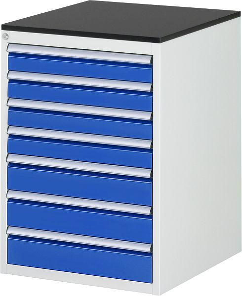 RAU Schubladenschrank Serie 7000, B580 x T650 x H820 mm, 7 x Schublade-Größe-L 4xH90, 3xH120 mm, Arbeitsplatte mit Melaminharzbeschichtung, 03-L5.17A-M.11