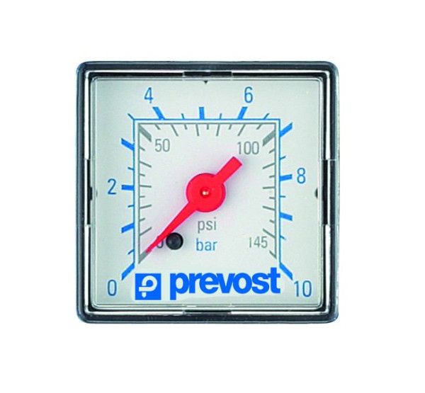 Prevost Manometer, quadratisch 40x40 mm waagrecht, Skalenteilung= 0 - 10, Befestigung AG BSPP= G 1/8 , Werkstoff= Plexiglas-Skala, MT CA1040