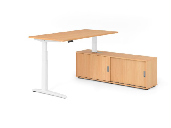 Hammerbacher Schreibtisch XBHM16, 160x80cm, Platte: Buche, 25mm dick, C-Fuß Gestell Weiß, Höhe: 65 - 129 cm, Buche / Buche, VXBHM16SB/6/W/6/6