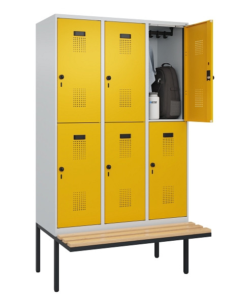 C+P Doppelstock-Spind Evolo PLUS, Bank, 6 Fächer, 2120x1200x815mm, 7035/1004, Drehriegel, Sitzfläche Buche-Hartholz, 0493407-32 S10000