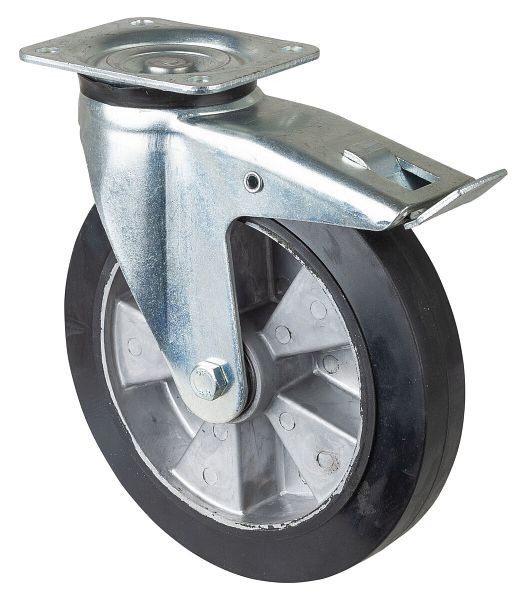 BS Rollen Schwerlastrolle mit Feststeller, Breite 50 mm, Ø250 mm, bis 550 kg, Elastik-Reifen schwarz, Radkörper Aluminium, Kugellager, L620.B80.250