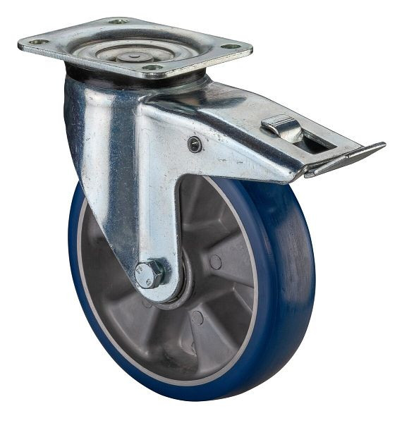 BS Rollen Schwerlastrolle Lenkrolle mit Feststeller, Polyurethanrad 83 Shore, Aluminiumfelge, Kugellager, Platte, Durchmesser: 200 mm, L620.B92.200