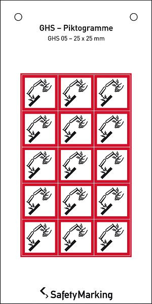 SafetyMarking GHS-Gefahrenpiktogramm, Symbol 05: Ätzwirkung, BxH 2,5x2,5 cm, Folie, selbstklebend, VE: 15 Stück/Bogen, 30.3551-05