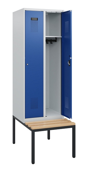 C+P Spind Evolo PLUS, 2 Abteile, 1950x600x815mm, 7035/5010, Zylinderschloss, Sitzfläche Holz, Sitzbank, 0490505-20 S10029