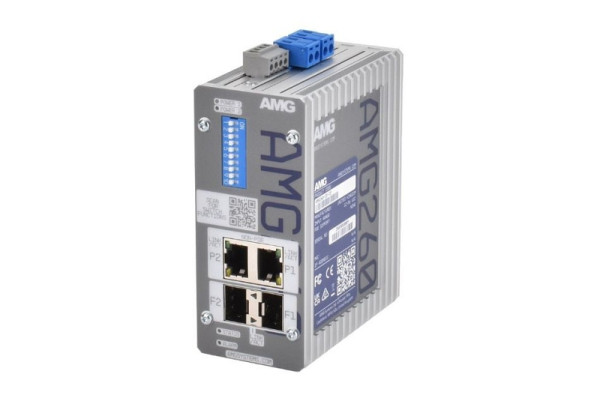 AMG Systems Industrieller Medienkonverter, 2 x 10/100/1000BT RJ45, 2 x 100/1000FX SFP Slot, ohne SFP, DIP Switch, DIN Rail / Wandmontage, AMG260-2G-2S