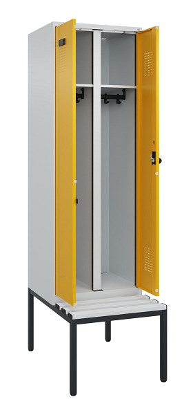 C+P Schwarz-Weiß-Spind Evolo PLUS, Bank, 2 Abteile, 2120x600x815mm, 7035/1004, Drehriegel, Sitzfläche Kunststoff, Sitzbank, 0490527-20 S10054