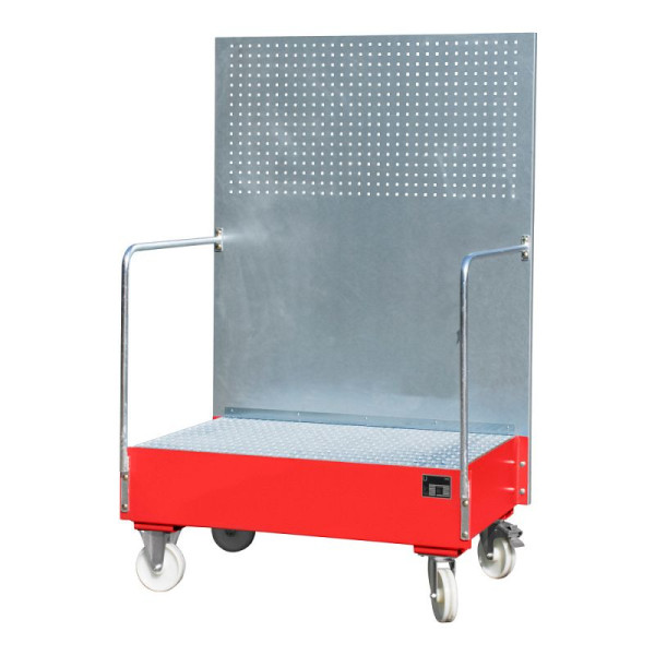 STEIN HGS Fahrbare Auffangwanne mit Lochplattenwand LPW, 215 Liter, RAL 3000 feuerrot, Höhe 2015mm, lackiert, 2x200 Liter Fass, Breite 1290mm, 79205.0008