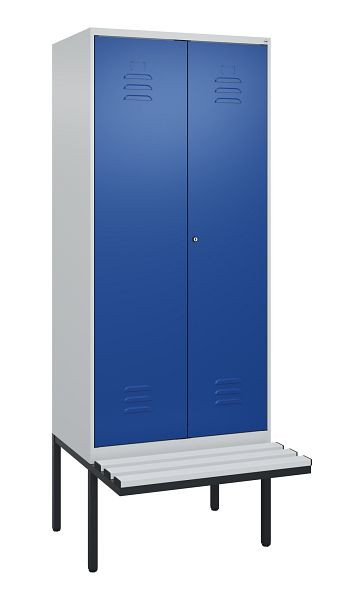 C+P Umkleidespind Classic PLUS, Doppel-Spind, 2 Abteile, 2120x800x815mm, 7035/5010, Zylinderschloss, Untergestell & Sitzfläche, 0800427-22P S10018