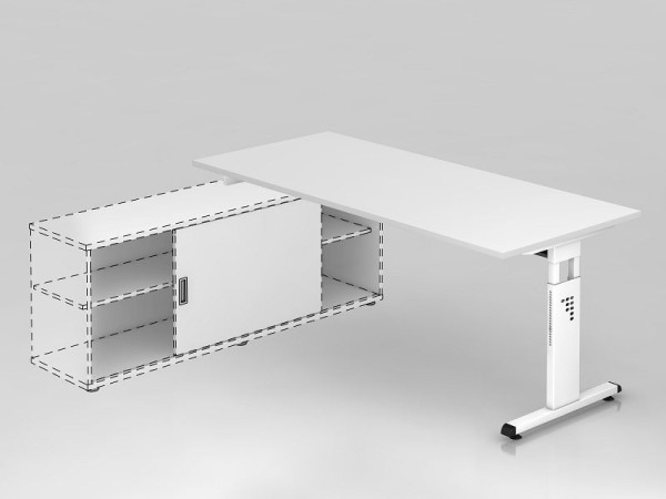 Hammerbacher Anbauschreibtisch T-Fuß 180x80cm, Weiß/Weiß, Rechteckform, Aufsatz auf Sideboard 1758, VOSE19/W/W