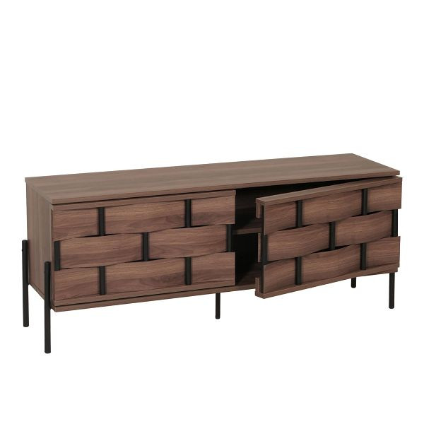 Mendler TV-Rack HWC-M44, Fernsehtisch Lowboard TV-Schrank Kommode, Staufächer, 3D-Flecht-Design Push-to-open Türen 120cm, braun, 104608