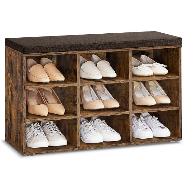 VASAGLE Schuhbank, Aufbewahrungsbank mit gepolstertem Sitz, mit Polsterung, 9 Fächer, verstellbare Regale, 30,3 x 78,5 x 48 cm, rustikal braun, LHS009B01