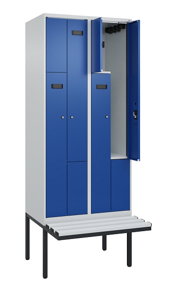 C+P Z-Spind Evolo PLUS, Bank, 4 Fächer, 2120x800x815mm, 7035/5010, Zylinderschloss, Material Sitzfläche Kunststoff, 0490437-224 S10086
