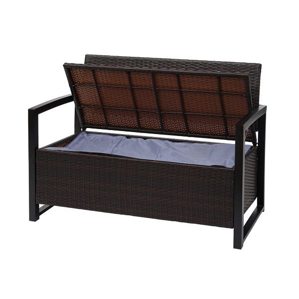 Mendler Poly-Rattan 2er Sitzbank HWC-F39, Gartenbank Truhenbank, Staufach Aufbewahrung Sitzkissen, braun, Kissen creme, 69567