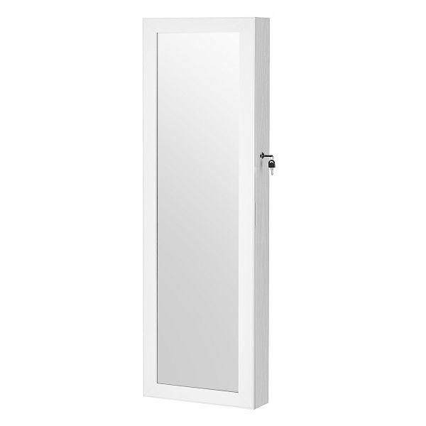 SONGMICS Schmuckschrank-Kleiderschrank, abschließbare, wandmontiert für Halsketten-Ohrring, mit Spiegel, weiß mit Holzmaser und beige, JJC093W01