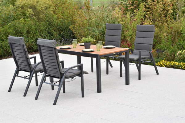 Merxx Siros Set 9-teilig, 4 Siros Sessel, verstellbar durch Gasdruckfeder, 4 Auflagen, uni grau, 1 Ausziehtisch, 150 (200) x 90 cm, 50961-800