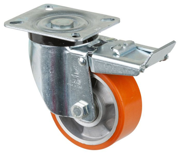 BS Rollen Schwerlastrolle mit Feststeller, Breite 40 mm, Ø100 mm, bis 280 kg, Guss-Polyurethan 95 Shore A, Körper Aluminium, Kugellager, N120.B90.102