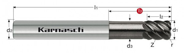 Karnasch VHM-Gesenkfräser mit Eckenradius kurz Superfinish, Rockwell Cutter / HSC HHC d= 3,0 / r= 0,3 / L3=14 mm UFX-3, 306439030003