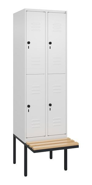 C+P Doppelstöckiger Spind Classic PLUS, 2 Abteile, 2120x600x815mm, 9016/9016, Drehriegel, Sitzleisten aus Buche, schwebende Sitzfläche, 0803407-20 S10014