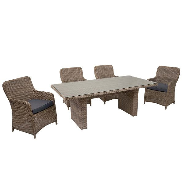 Mendler Poly-Rattan Garnitur HWC-E98, Balkon-/Garten-/Lounge-Set Sitzgruppe, Spun Poly halbrundes Rattan beige Kissen grau, 69083+2x69084
