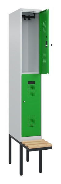 C+P Doppelstock-Spind Evolo PLUS, Bank, 2 Fächer, 2120x300x815mm, 7035/6037, Zylinderschloss, Sitzfläche Buche-Hartholz, 0493407-10 S10038