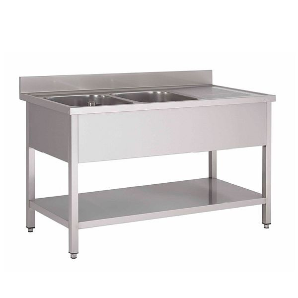 Gastro-Inox Spültisch mit links 2 Becken und Grundboden, 1500(L)x600(T)x880(H)mm, 305.423