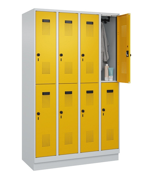 C+P Doppelstöckiger Spind Evolo PLUS, mit Sockel, 8 Fächer, 1950x1200x500mm, 703, Frontfarbe RAL 1004 Goldgelb, Drehriegel, 049320-40 S10000