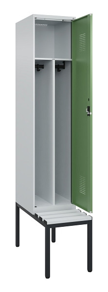 C+P Spind Evolo PLUS, 1 Abteile, 2120x400x815mm, 7035/6011, Haken 4, Zylinderschloss, Sitzfläche Kunststoff, Sitzbank, Trennwand, 0490507-12F S10091