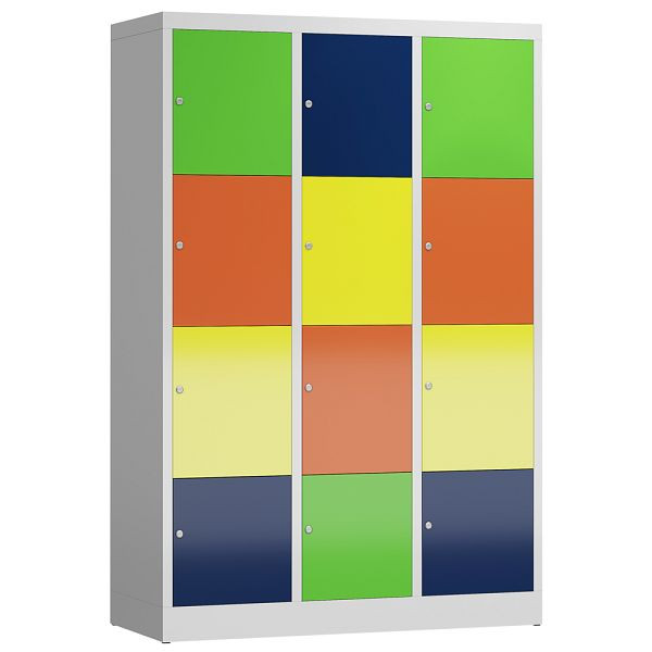 Lüllmann ClassiX Schließfachschrank, 3 Abteile à 4 Fächer, 1800 x 1185 x 500 mm, lichtgrau/bunt, X-523432