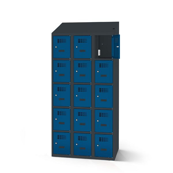 Rotstahl Fächerschrank, 15 Fächer, Stollenfüße, mit Ladefunktion, Schrägdach, Korpus: anthrazitgrau, Türen: enzianblau, 2180-030500-0902112-7016-5010