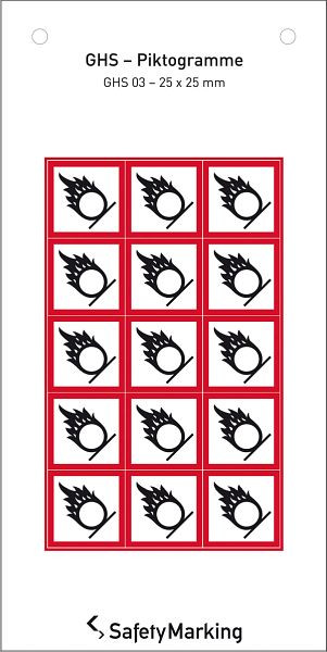 SafetyMarking GHS-Gefahrenpiktogramm, Symbol 03: Flamme über Kreis, BxH 2,5x2,5 cm, Folie, selbstklebend, VE: 15 Stück/Bogen, 30.3551-03