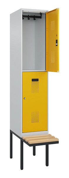 C+P Doppelstock-Spind Evolo PLUS, Bank, 2 Fächer, 2120x400x815mm, 7035/1004, Zylinderschloss, Sitzfläche Buche-Hartholz, 0493407-12 S10027
