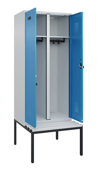 C+P Schwarz-Weiß-Spind Evolo PLUS, Bank, 2 Abteile, 2120x800x815mm, 7035/5012, Drehriegel, Sitzfläche Kunststoff, Sitzbank, 0490527-22 S10061