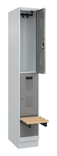C+P Doppelstock-Spind Evolo PLUS, Bank, 2 Fächer, 1950x300x815mm, 7035/0004, Zylinderschloss, Sitzfläche Buche-Hartholz, mit Sockel, 049340-10 S10041