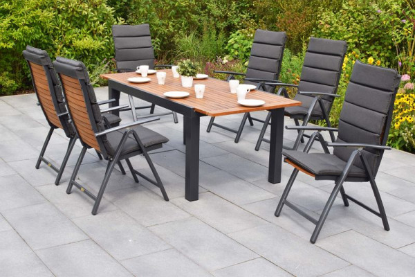 Merxx Santorin Set 13-teilig, 6 Klappsessel, 6 Auflagen, grau, 1 Ausziehtisch, 150 (200) x 90 cm, Aluminium mit FSC Akazienholz, 50223-800