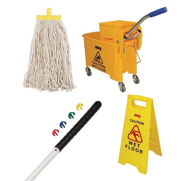 Jantex Boden-Reinigungsset Spezial All-in-One, Moppeimer, Warnaufsteller für nasse Böden, gelber Moppkopf, Clipex-Stiel, S706