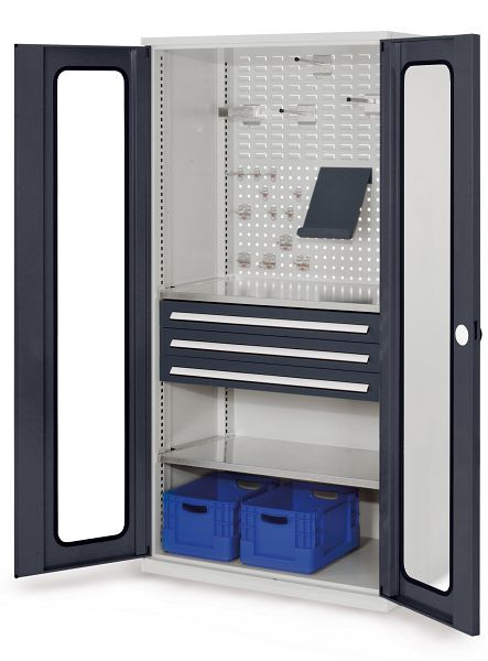 Kappes RasterPlan Schubladenschrank, Modell 32, RAL 7035/7016, Sichtfenstertür, 1950 x 1000 x 600 mm, 3 Schubladen H 100 mm, 1460.02.5024