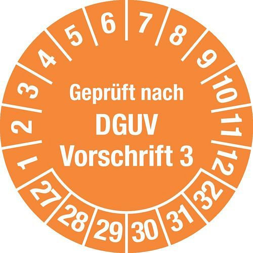 DENIOS Prüfplakette "Geprüft nach DGUV", 27 - 32, orange, Folie, SK, 30 mm, VE: 5 Bogen à 15 Stück, 290168