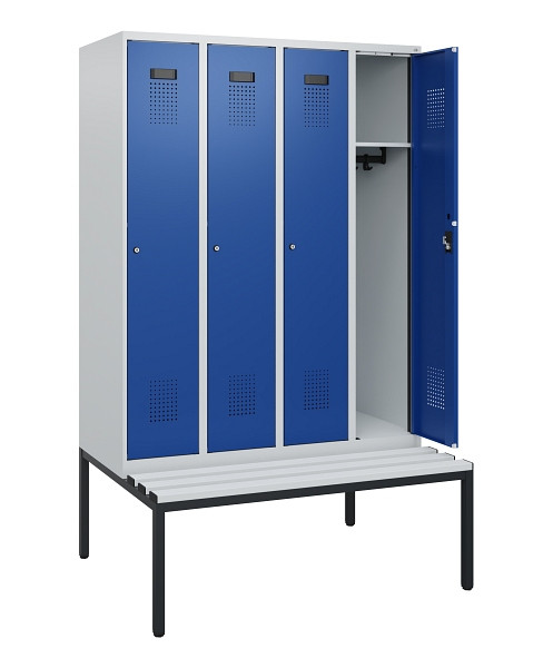 C+P Spind Evolo PLUS, 4 Abteile, 1950x1200x815mm, 7035/5010, Zylinderschloss, Material Sitzfläche Kunststoff, Sitzbank, 0490505-40 S10087