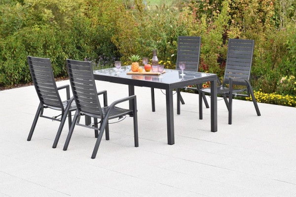 Merxx Siros Set 5-teilig, 4 Siros Sessel, verstellbar durch Gasdruckfeder, 1 Ausziehtisch, 150 (210) x 90 cm, graue Glasplatte, Aluminium, 50965-217