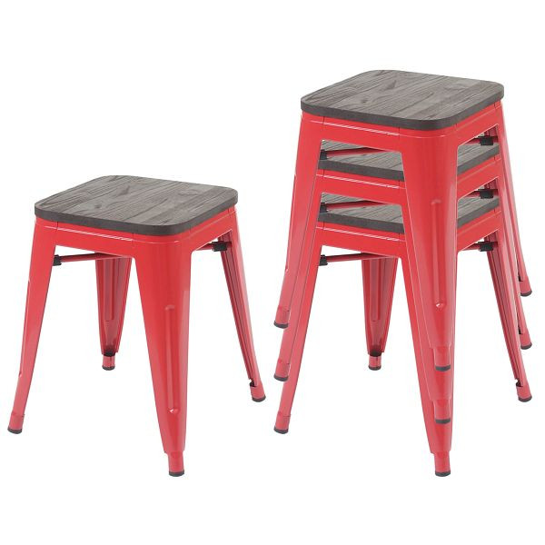 Mendler 4er-Set Hocker HWC-A73 inkl. Holz-Sitzfläche, Metallhocker Sitzhocker, Metall Industriedesign stapelbar, rot, 70774