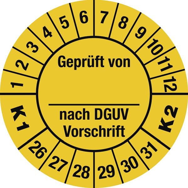 Moedel Prüfplakette Geprüft...DGUV...K1 K2, 2026 - 2031, Folie, Ø 30 mm, VE: 10 Stück/Bogen, 107173