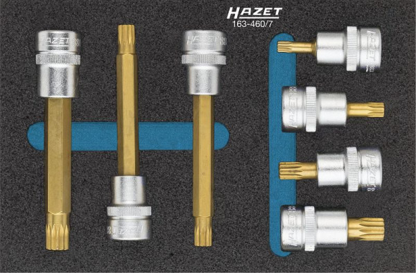 Hazet Schraubendreher-Steckschlüsseleinsatz Satz, Vierkant hohl 10 mm (3/8 Zoll), Innen Vielzahn Profil XZN, M5 - M10, Anzahl Werkzeuge: 7, 163-460/7
